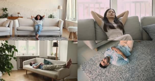 Різні Молоді Чоловіки Жінки Розслабляються Вдома Кілька Кадрів Колаж Вид — стокове відео
