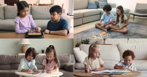 Gruppe Forskellige Små Børn Tilbringer Fritid Indendørs Tegne Billeder Bygge – Stock-video