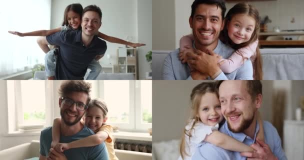 一群与女儿拥抱在一起的爸爸们成群结队地呆在家里 有爱心的家庭欢度父亲节 享受游戏时间 一起在室内玩乐 家庭关系 — 图库视频影像