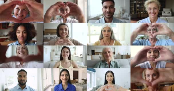 シングル 医療保険 歯科医院の専門サービス広告のための電子サービス 愛のシンボルを示すさまざまな人々の笑顔のコラージュ 表現愛情は幸せを感じる — ストック動画