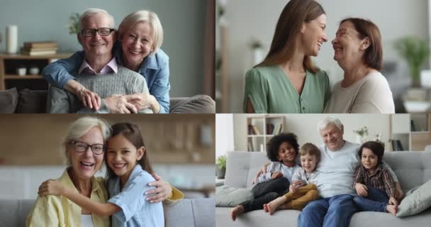 Kolaż Kochających Wielopokoleniowych Rodzin Różnorodni Młodzi Starsi Krewni Przytulanie Cieszyć — Wideo stockowe