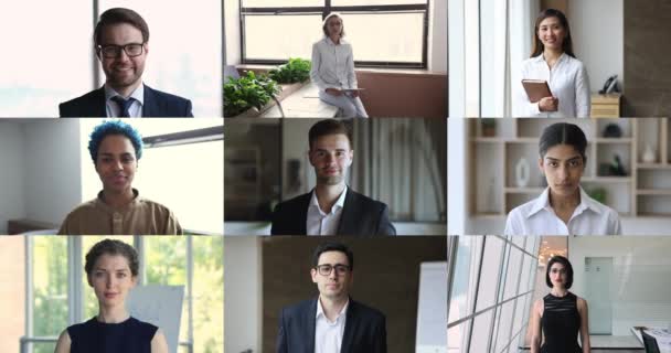 Collage Verschiedener Menschen Lächeln Die Kamera Mehrere Videos Zeigen Glückliche — Stockvideo