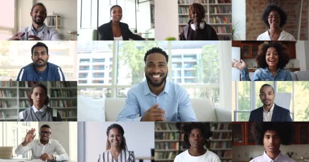 Gente Multiétnica Mirando Fijamente Cámara Empresario Africano Liderando Negociaciones Línea — Vídeo de stock