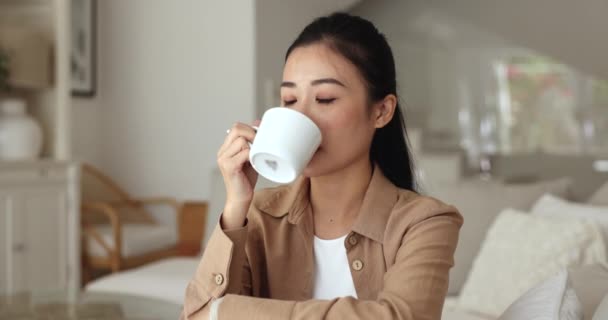 Close Vrouw Zitten Bank Houdt Mok Drinkt Thee Koffie Met — Stockvideo