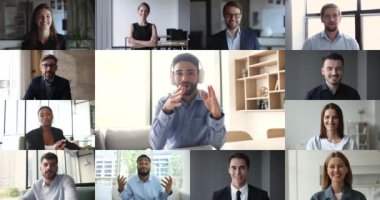 Kendine güvenen bir grup genç iş adamı konuşma yapıyor, video konferansına katılıyor, eğitim veya müzakerelere katılıyor, vesikalık portresi, kolaj görüntüsü. Genel iletişim video konferans uygulaması kullan