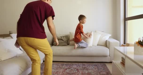 Active Vivacious Father Little Son Have Fun Play Together Living — Stock Video