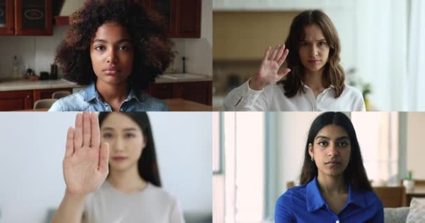 Четыре Привлекательные Многоэтнические Молодые Женщины Показывающие Стоп Жест Перед Камерой — стоковое видео
