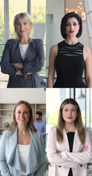四个优雅的千年35岁和45岁的职业女性穿着正式的服装 微笑着看着站在现代办公室里的相机 多种形象拼贴在一起的景象 职业发展 — 图库视频影像