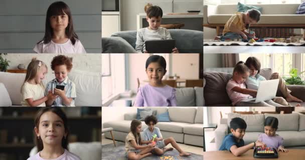 不同的漂亮的多民族小孩 男孩和女孩 可爱的兄弟姐妹们享受着游戏时间 无忧无虑地呆在室内 孩子们玩耍 使用现代技术 呆在家里 多段视频拼贴视图 — 图库视频影像