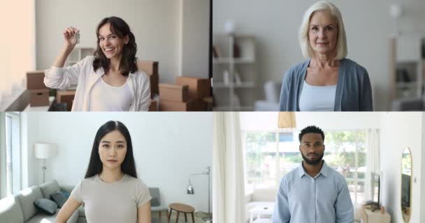 Retrato Headshot Pessoas Animadas Compradores Locatários Novo Sorriso Apartamento Olhando — Vídeo de Stock