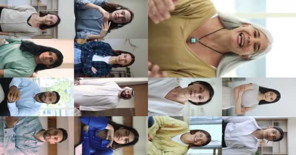 ベネズエラの女性の笑顔のスピーチを聞く異なる世代と民族の複数のビデオコラージュ 世界的なオンラインコミュニケーションの使用ビデオ会議アプリケーション — ストック動画