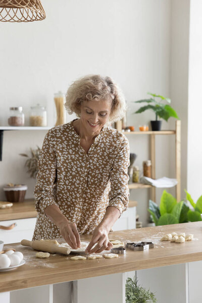 Beautiful smiling middle-aged woman makes cookies from home-made dough, prepare delicious sweets, standing alone at dining table in contemporary kitchen. Culinary, family recipe, fresh baked dessert