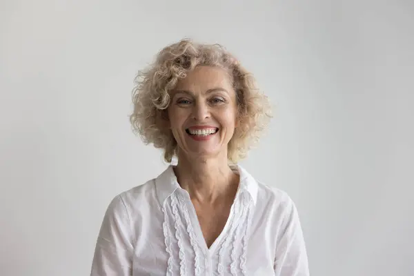 Pretty Blond Curly Haired Mature Woman Posing Studio Having White Stock Photo