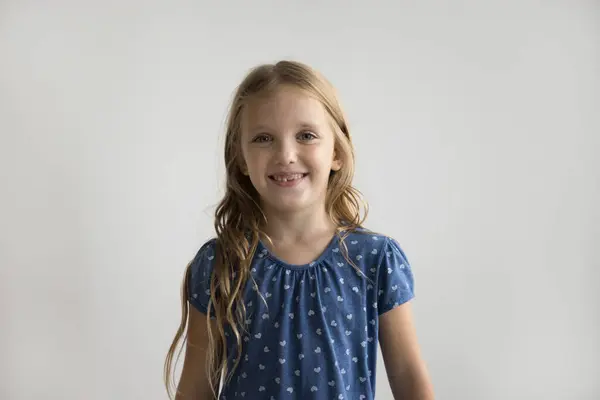 Beautiful Little Girl Casual Blouse Posing Gray Wall Studio Background Stock Photo