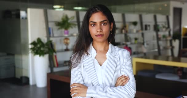 Headshot Beautiful Confident Successful Businesswoman Look Camera Posing Workspace Indian — Stock Video