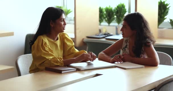 Две Молодые Индийские Бизнесвумен Дружелюбные Коллеги Клиент Менеджер Разговаривают Сидя — стоковое видео