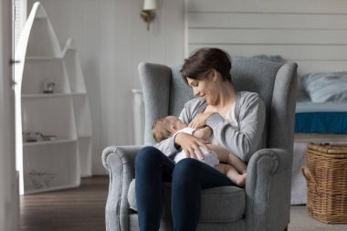 Genç, barışçıl anne, yeni doğmuş bebeğini emziriyor. Evdeki rahat koltukta dinleniyor. Şefkat ve zihinsel bağlantının tadını çıkarıyor. Mutlu annelik, yaşam değeri, bebeklik