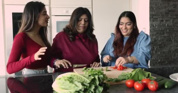 Três Mulheres Indianas Preparam Prato Vegetariano Cozinha Mãe Meia Idade — Vídeo de Stock