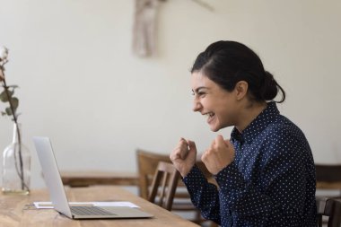 Mutlu Hintli serbest çalışan iş kadını evet yumruğu atıyor, laptopta el hareketi yapıyor, gülüyor, eğleniyor, ödül kazanıyor, para kazanıyor, harika haberler alıyor.