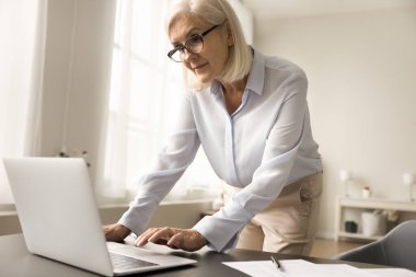 Ciddi derecede meşgul, gözlüklü yaşlı bir iş kadını dizüstü bilgisayarda yazı yazıyor, merkez ofiste serbest çalışıyor, bilgisayarın başında duruyor, çalışma masasına yaslanıyor, iş için online başvuru kullanıyor.