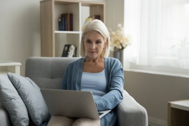 Modern dizüstü bilgisayarla koltukta oturan, kablosuz internet kullanan, mesaj yazan, internetteki akrabalarla iletişim kuran, arama bilgilerini araştıran, internetteki