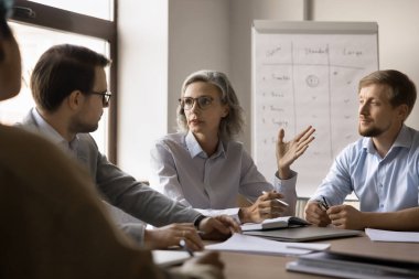Ciddi yaşlı iş kadını proje tartışıyor, masada ekiple strateji üzerine beyin fırtınası yapıyor. Olgun şirket koçu ofis personeline seminer veriyor, yönetim kurulundaki meslektaşlarıyla konuşuyor..