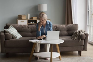 Hüsrana uğramış yaşlı kadın kötü haberler, finansal sorunlar, para kaybı, dizüstü bilgisayardaki koltukta oturmak, hesap makinesi, dokunmatik kafa, kapalı gözler, baş ağrısı