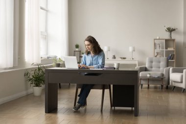 Genç iş projesi sahibi, girişimci, merkez büroda çalışan serbest çalışan kız, oturma odasında çalışma masasında oturan, dizüstü bilgisayarda yazan, çevrimiçi eğitimin keyfini çıkaran, online iş iletişimi kuran