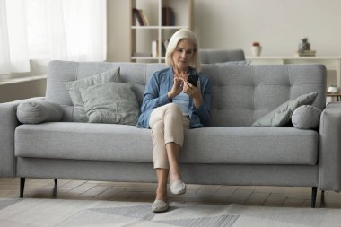 Ciddi kadın emekliler hafta sonunu akıllı telefonlarla geçirir, kanepede oturur, sosyal ağda en son haberleri okur, sohbet eder, internette dolaşır, arkadaşlarıyla mesajlar paylaşır, yeni cep telefonu uygulamaları öğrenir.