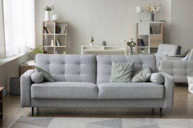 Süslü İskandinav iç dekorasyonu soluk renklerde. İnsansız modern oturma odası, rahat kanepeli rahat bir daire, moda mobilyalar, kitaplıklar, arka planda koltuklar.