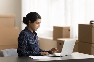 Depoda karton paketler, arka planda ulaşım kutuları, daktilo, işlem sırasıyla çalışan güzel Hintli internet mağaza çalışanı kadın.