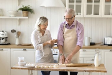 Olgun bir eş fırıncı kocaya tatlı hazırlama ve hamurda yardım ediyor. Bir çift ev mutfağında yemek pişirmekten hoşlanıyor, konuşuyor, gülüyor.