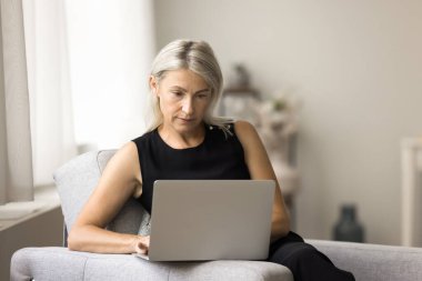 Çevrimiçi hizmet kullanan olgun bir müşteri kadını, dizüstü bilgisayarda uygulama, evde internet alışverişi, koltukta dinlenme, daktilo. Çevrimiçi proje üzerinde çalışan ciddi bir serbest çalışan kadın.