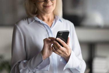Cep telefonunda yazan, kablosuz bağlantı için dijital internet teknolojisini kullanan, akıllı telefondaki profesyonel uygulamanın keyfini süren, mesajlaşan yaşlı bir iş kadını. Kırpılmış atış