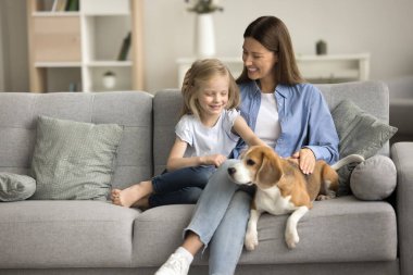 Neşeli pozitif anne, tatlı küçük kızını ve evcil köpeğini kucaklıyor rahat koltukta oturuyor, gülümsüyor, gülüyor, sevgili çocuk ve sevimli köpekle eğleniyor.