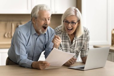 Neşeli kıdemli koca ve eş yasal belgeleri, kağıt raporlarını, laptopta mektup, sevinç çığlıkları, kazanan el, finansal başarıyı, yatırım gelirini, kârı, kahkahaları kutluyor.