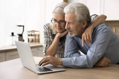 Online başvuru kullanarak yaşlı çiftlere odaklanmak, evde dizüstü bilgisayarda birlikte çalışmak. Olgun eş, iş projesinde çalışan bağımsız yaşlı kocaya sarılıyor.