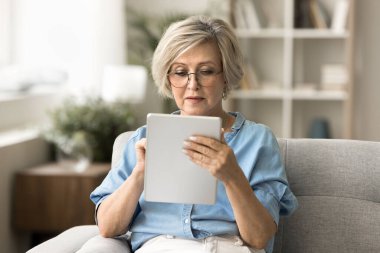 Odaklanmış sarışın, gözlüklü, interneti tabletle tarayan, dijital cihaz kullanan, evdeki kablosuz teknolojiyi kullanan, tıbbi sağlık hizmetleri online uygulamasında danışmanlık yapan yaşlı bir kadın.