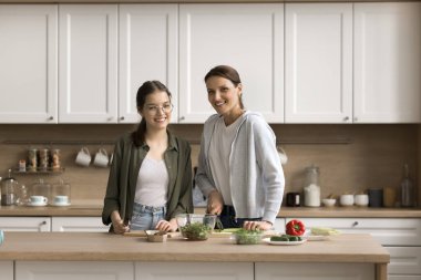 Gözlüklü mutlu genç kız anneme mutfakta yemek pişirmesinde yardım ediyor, sebze kesiyor, sağlıklı beslenmeyle ilgileniyor, doğal organik besleniyor, kameraya bakıyor, gülümsüyor.