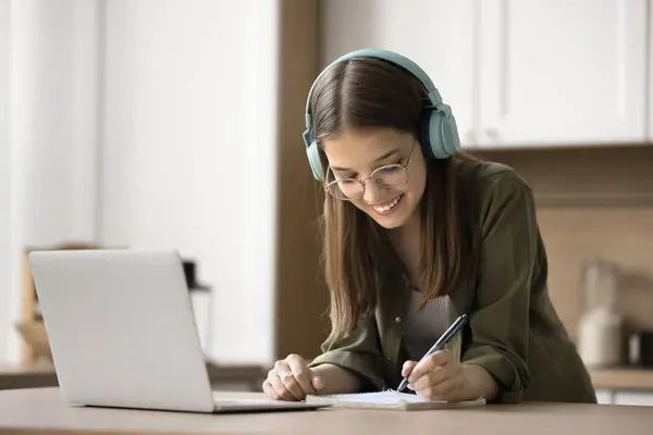 Happy Teen High School Student Girl Glasses Earphones Studying Laptop —  Fotos de Stock