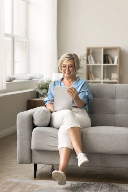 Online tıbbi hizmetleri kullanan yaşlı ve memnun bir müşteri kadını, danışman doktor, emeklilik sigortası satın almak, evdeki koltukta modern yurt içi internet teknolojisinin tadını çıkarmak.