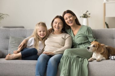 Neşeli güzel anne, büyükanne, mutlu anaokulu kızı ve köpek birlikte yumuşak koltukta dinleniyor, evcil hayvanı okşuyor, aile fotoğrafı için kameraya bakıyor, gülümsüyor, gülüyor, ilişkilerden keyif alıyor, şefkat duyuyor.