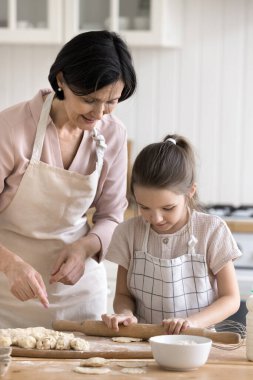 Dikey çekim olgun 60 'lı yaşlarda bir kadın torununa yemek yapmayı öğretiyor. Küçük bir kız merdane kullanarak hamuru düzleştiriyor. Mutfakta büyükanneyle yemek pişiriyor. Yaşlı akrabalar, çocuklarla aile tarifi yapıyor.