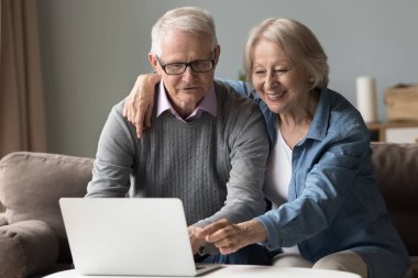 Mutlu yaşlı çift online başvuru kullanıyor, laptopta birlikte hizmet veriyor alışveriş yapıyor, otel rezervasyonu yaptırıyor, daktilo ediyor, gülüyor, kanepede oturuyor.
