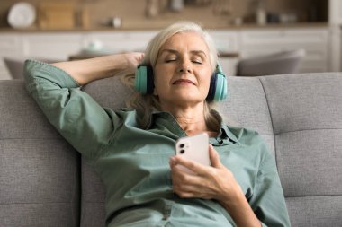 Huzurlu, rahat, müziğe bayılan, evdeki yumuşak koltukta rahat eden, cep telefonları ve büyük kulaklıklar kullanan, rahatlama, rahatlama ve rahatlama için çevrimiçi ortam retro çalma listesi dinleyen son sınıf öğrencisi.