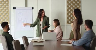 Genç Latin iş kadını, çok ırklı gruba sunum yapıyor, beyaz kurul üyelerine proje şemalarını anlatıyor, seminer toplantısında yeni pazarlama planı hakkında konuşuyor.