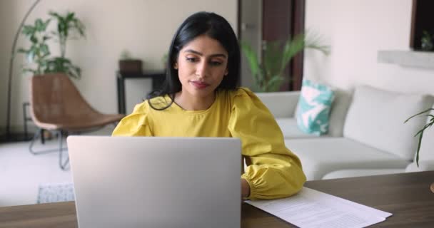 Happy Young Indian Woman Sit Desk Laptop Read Fantastic News — ストック動画