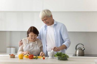 Önlüklü yaşlı kadın mutfakta duruyor, kocasıyla vakit geçiriyor birlikte sebze salatası hazırlıyor, sevgi dolu aile akşam yemeği için sağlıklı yemekler pişiriyor. Aşk, ilişki, aşçılık, evlilik.