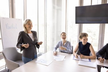 Personel üyeleri eğitim seminerine katılıyor, modern yönetim kurulunda masa başında oturuyor, orta yaşlı iş kadınlarını dinliyor, gülüyor, şakalaşıyor, hoş sohbetler ediyorlar. İş toplantısı, takım oluşturma, eğlence