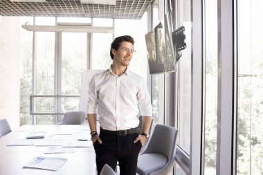 Modern konferans odasında tek başına duran 35. yüzyılın dalgın gülen işadamı projeyi başlatırken parlak bir gelecek ve pencereden dışarı bakan kariyer büyümesini hayal ediyor. İş görüşü, arzu